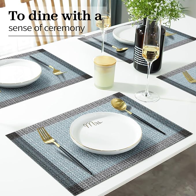 Blue Grey Placemats Set of 4, 12x18 Inch Heat-Resistant Washable Easy to Clean Place Mats, Faux Linen Cloth Table Mats Suitable for Indoor/Outdoor Parties & Kitchen Decor (Blue Grey)