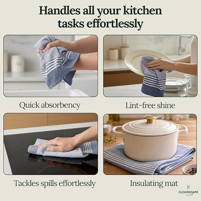 CLOUDSCAPE Kitchen Towels 12 Set 18”x28” Cotton Blended Hand Towels with Hanging Loop - Quick-Drying Dish Towels for Kitchen Essentials, Highly Absorbent, Dish Cloths Set for Washing Dishes - Indigo