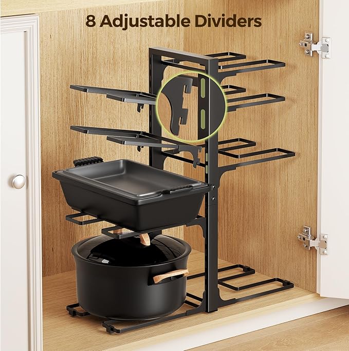 LAMU Pots and Pans Organizer under Cabinet 20.8" Height, 8 Tier Heavy Duty Pan Organizers inside Cabinet with Adjustable Pot Rack, Holds up to 120 LB for Stockpots Dutch Ovens and Cast Iron Cookware