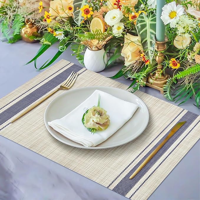 Khaki Blue Place Mats Set of 6, 12x18 Inch Heat-Resistant Washable Easy to Clean Place Mats, Faux Linen Cloth Table Mats Suitable for Indoor/Outdoor Parties & Kitchen Decor (Khaki Blue)