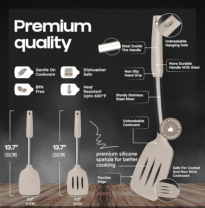 BakeRoyal Silicone Spatula Set - Turner Spatulas Silicone Heat Resistant 600°F - Slotted & Solid Spatula for Cooking Fish, Eggs, Pancakes Flipper – Spatulas for kitchen use – Mist