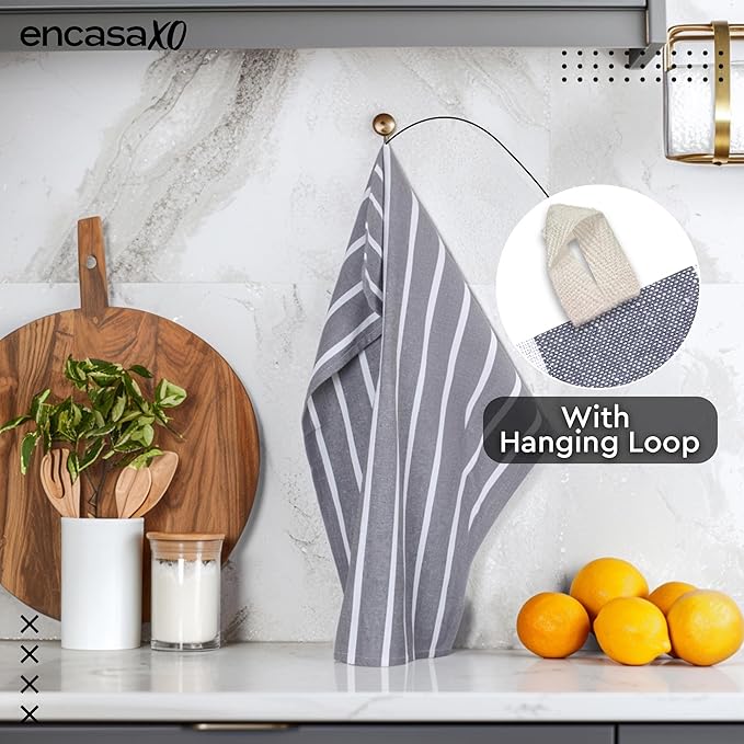 Encasa XO Cotton Kitchen Towel Set | Hand and Tea Cloth for Cleaning & Quick Drying, X-Large 28"x18" (Pack of 4) Highly Absorbent - Roma Grey Stripes