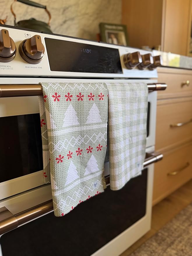 || 3 Pack|| Double Sided Dish Towels || Waffle Weave Microfiber || Highly Absorbent || Hanging Loop || Dish Cloths || Modern || Designer Prints || Lights (Christmas Mint 2 Pack)