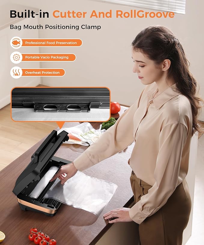 Vacuum Sealer Machine, 95KPa Commercial Food Saver with Double Seal Strips for 2X Strength, Built-in Cutter & Bag Storage, Easy-Lock Handle, Includes 1 Roll & 10 Pre-cut Bags, Black