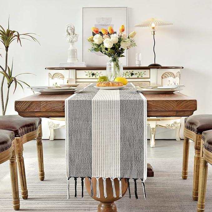 Wracra Linen Table Runner, Farmhouse Macrame Table Runners 108 Inches Long for Dining Table Decor, Wedding, Party and Dresser Decor (Black,108")