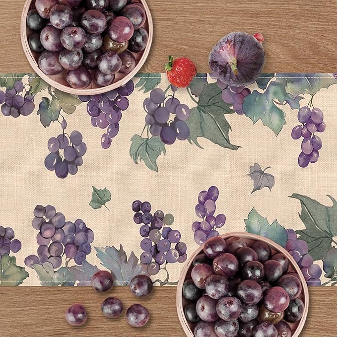 Watercolor Grapes Table Runner, Sweet Fruit Kitchen Dining Table Decoration, Spring Summer Burlap Indoor Outdoor Home Decor Party Supply 13 x 90 Inches