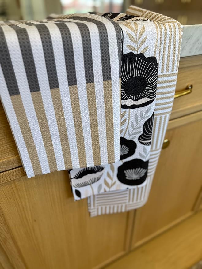 || 3 Pack Double Sided || Kitchen Towels || Dish Towels || Highly Absorbent || Hanging Loop || Dish Cloths || Modern || Designer Prints (Tan/Gray)