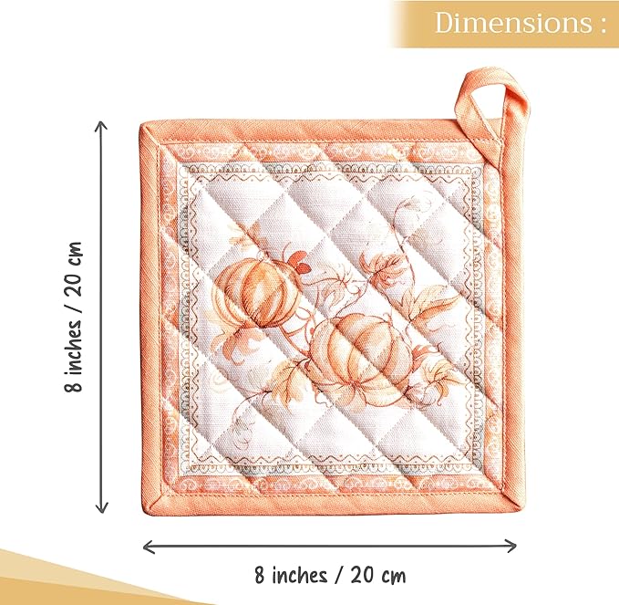 Maison d' Hermine Pot Holders Set 100% Cotton Heat Resistant Potholders 8" x 8" Hot Pads with Loop for Thanksgiving Christmas Decorations BBQ Baking Handling Hot Pans (Pack of 2, Giving Thanks)