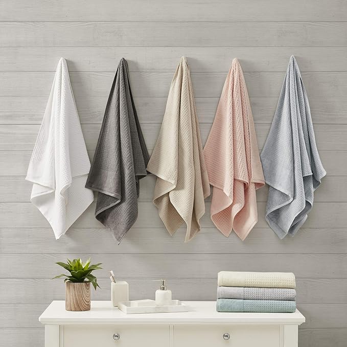Madison Park Spa Waffle 100% Cotton Luxurious Towel Set, Premium Texture Waffle Weave, Highly Absorbent, Quick Dry, Hotel & Spa Quality Wash Clothes for Bathroom, Assorted Sizes, White 6 Piece
