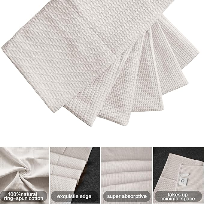 QUILTINA Dish Towels Set - 17 x 25 Inches 6 Pack Khaki 100% Cotton Waffle Weave Kitchen Towels, Ultra Soft Absorbent Quick Dish Towels for Kitchen Cleaning and Drying