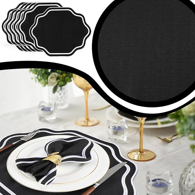 Breling 6 Pcs Wedding Placemats Scalloped Embroidered Cotton Linen Placemats 17" x 13" Double Layered Machine Washable Table Place Mat for Party Table Decor (Black)