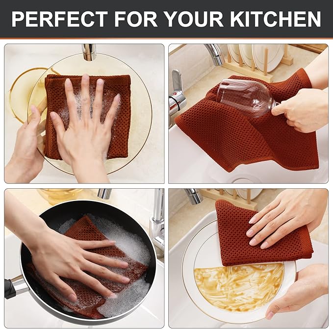 Kitinjoy 100% Cotton Kitchen Dish Cloths (12 X 12 Inches, Rust), 6 Pack Waffle Weave Ultra Soft Absorbent Dish Towels for Drying Dishes Quick Drying Kitchen Towels Dish Rags