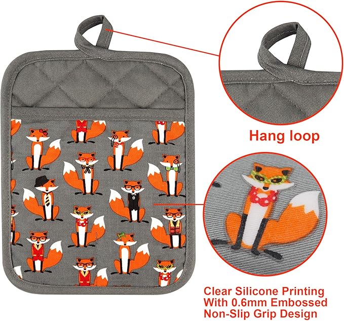 Pot Holders Set of 2 Heat Resistant 480 ℉ Non Slip Clear Silicone Printed Comfortable Cotton Lining Kitchen Women Men Cooking Baking Microwave Machine Washable (Fox, Gray Potholders)