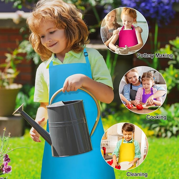 PLULON 4 Pcs Kids Aprons with 2 Pockets Painting Aprons for Kids Aprons Bulk, Paint Apron Adjustable Children Chef Aprons for Girls Boys Painting Baking Cooking Crafting - 4 Colors