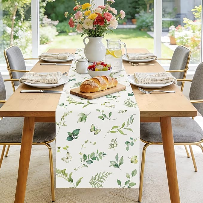 Bonhause Green Eucalyptus Leaves Table Runner 13x72 Inch Greenery Spring Plants Butterfly Seasonal Summer Kitchen Dining Table Decoration for Indoor Outdoor Home Party Decor