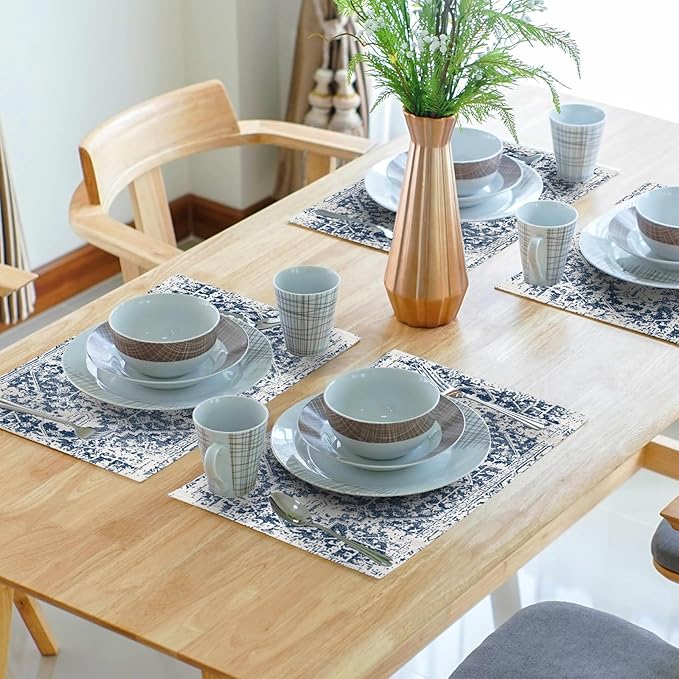 Navy Blue Gray Boho Placemats Set of 4 Ethnic Bohemian Carpet Place Mats Washable Kitchen Dining Vintage Grey Geography Floral Linen Table Mats Stain Heat-Resistant for Home Party Indoor 12x18 in