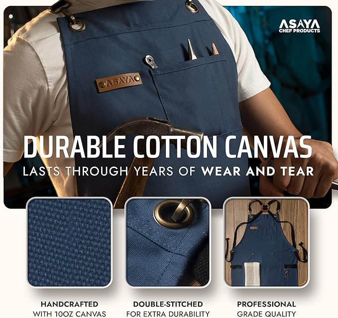 Asaya Chef and BBQ Apron with Bottle Opener and Hand Towel - 10oz Cotton Canvas, Stainless Steel Hardware - Cross Back Straps