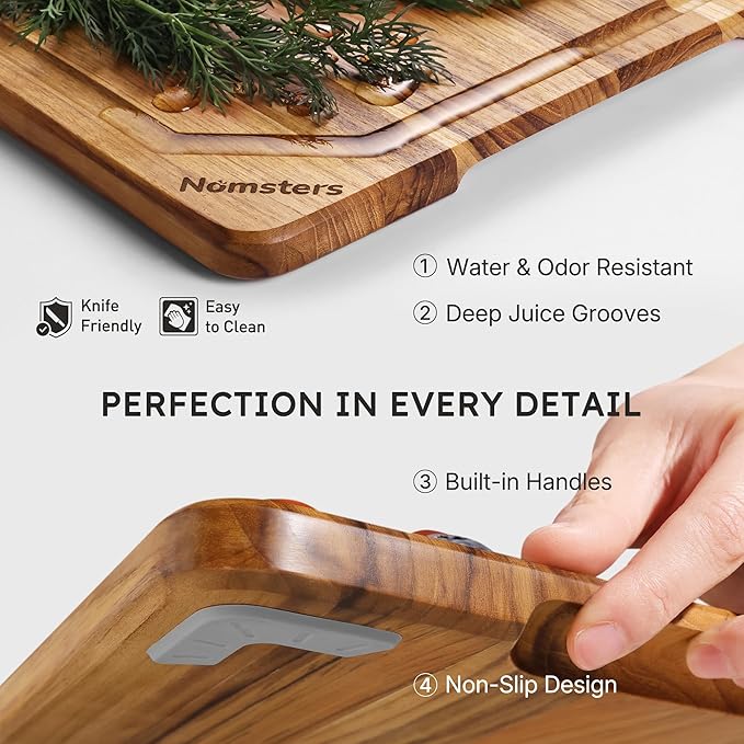 3 Pack Teak Wood Cutting Board Set for Kitchen High-End Non Toxic Non Slip Over Sink Solid Thick Wood Haus Chopping Board Extra Large Big Small Best Kitchen Essential House Warming Hostess Host Gift