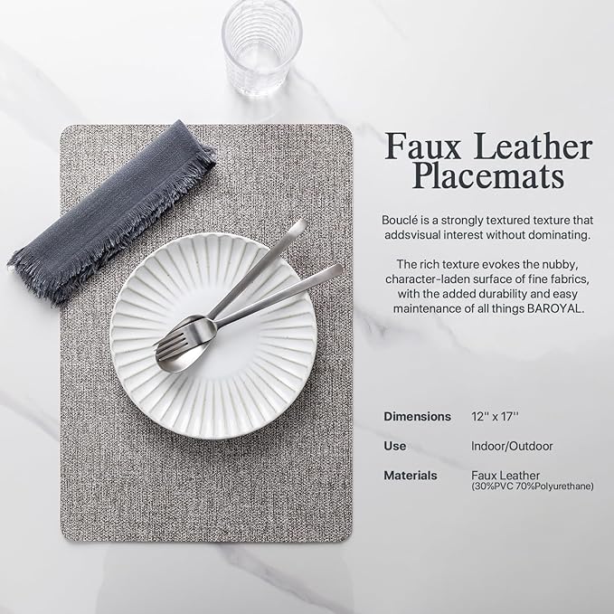 Faux Leather Placemats Set of 6 Vinyl Washable Wipeable Table Mats for Kitchen Dining Table Heat Resistant Waterproof Modern Indoor/Outdoor Placemats Non-Slip Easy Clean Place Mats (Mid Gray)