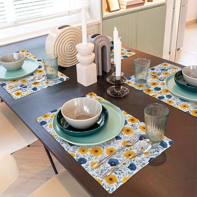 Yellow Blue Floral Linen Placemats Set of 4, Washable Heat Resistant Table Mats for Dining Table Kitchen Holiday Party Farmhouse, Gift for Floral Nature Lovers, Spring Home Decor, 12" x 18" Place Mats
