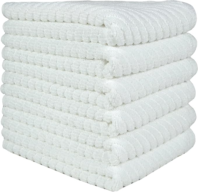 Premium Kitchen Towels (16”x 25”, 6 Pack) | Large Cotton Kitchen Hand Towels | Dish Towels | Diagonal Weave Design | 445 GSM Highly Absorbent Tea Towels Set with Hanging Loop | White