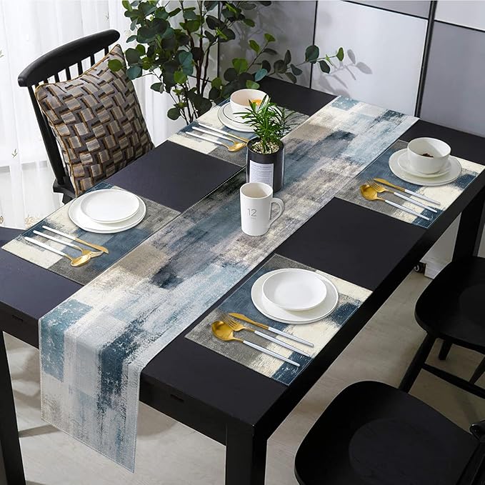 Emvency Farmhouse Table Runner and Placemats Set of 6, Cotton-Linen Abstract Blue and Grey Painting Art Dining Table Decor for Daily Use(1 Table Runner 72 inches Long and 6 Placemats)
