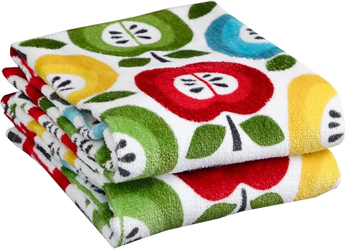 T-Fal Fiber Reactive Print Kitchen Towels: Highly Absorbent, Super Soft - 100% Cotton, 16"x28" Dish Towels for Cleaning & Drying Dishes, Pans, Glassware, or Countertops, 2-Pack, Apples