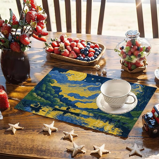 Van Gogh Style Watercolor Painting Placemats, 12 x 18 inch, Linen Table Runner Kitchen Dining Room Decor Holiday Decor Rustic Vintage Waterproof Washable Table Runner Set of 6