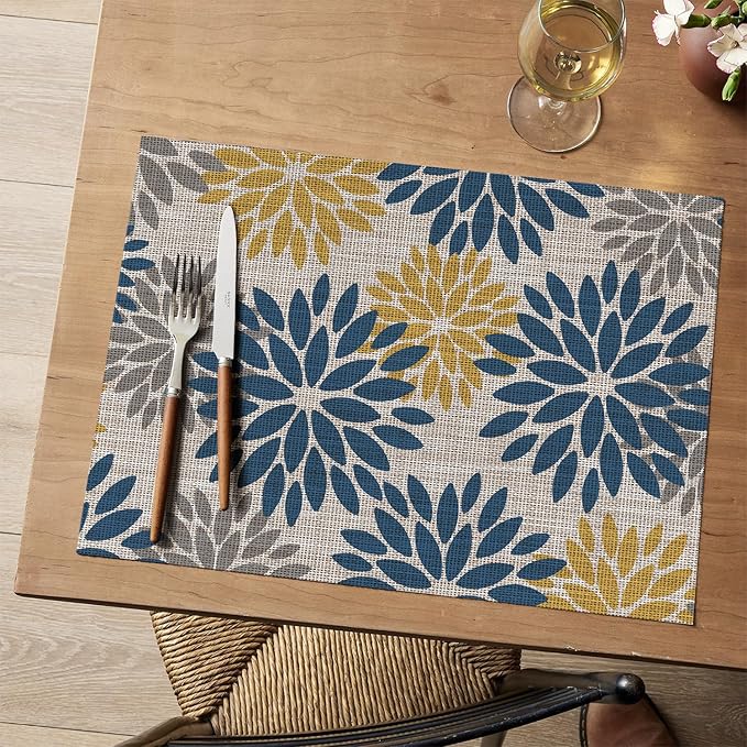 Artoid Mode Floral Vinyl Placemats Set of 4, Heat Resistant Washable Non-Slip Plistic PVC Place Mats for Party Kitchen Dining Decor, Blue Yellow
