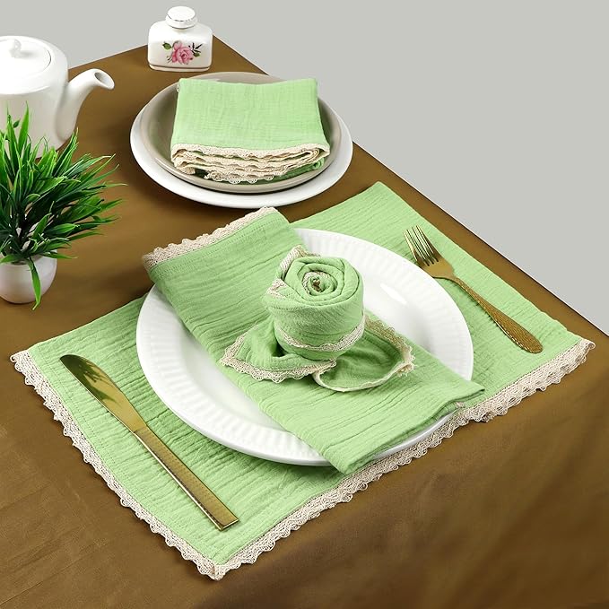 Fingercraft Dinner Cloth Napkin Cotton Muslin Double Gauze 8 Pack with Classic Lace for Everyday Use, Wedding, Party, Christmas, Easter Napkins Cloth are Pre Shrunk and Good Absorbency Lettuce Green