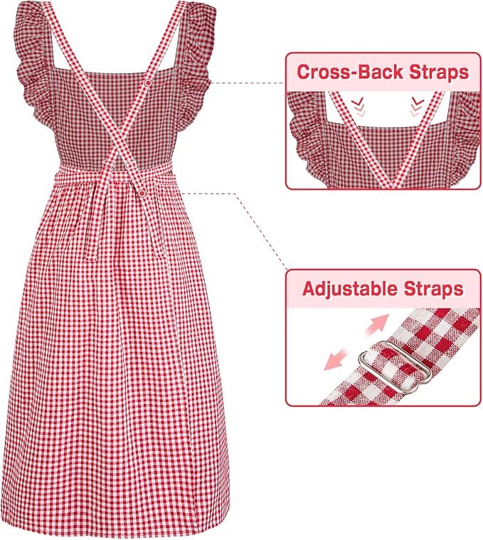 Vintage Gingham Apron for Women, Ruffle Straps, 2 Pockets, Soft Cotton, Apron Dress Style for Cooking & Baking