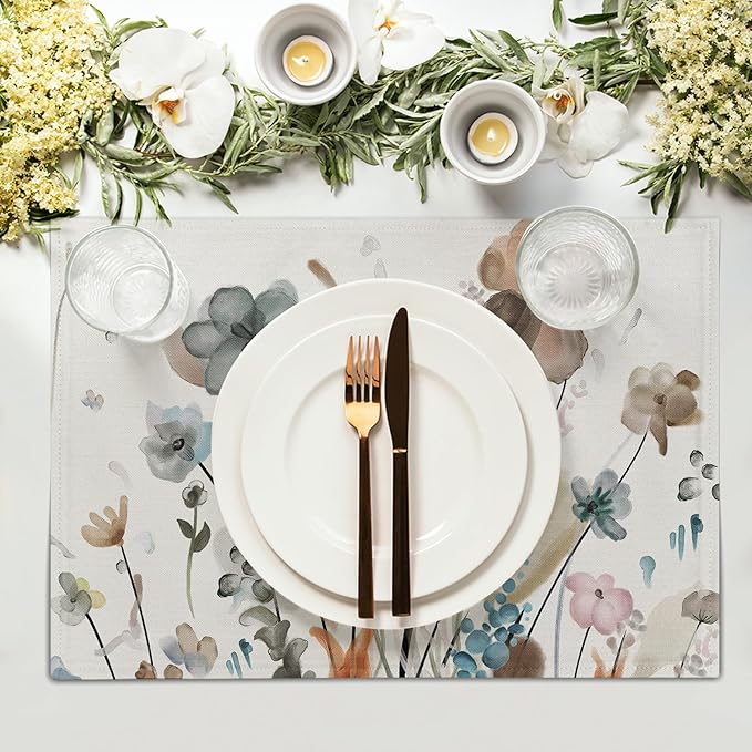 Brown Cream Grey Teal Floral Placemats Set of 4 Watercolor Flowers Place Mats Washable Dining Rustic Abstract Floral Farmhouse Linen Table Mats Stain Heat-Resistant Cloth Table Mat Decor 12x18 in