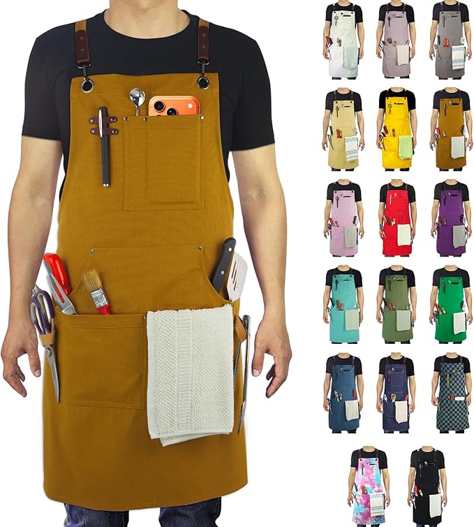 Kitchen Apron, Work Apron, Canvas, Multiple Pockets, Gardening, Painting, BBQ, Artist, Carpenter, Sizes M to XXL, Khaki