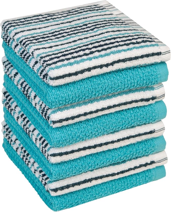 Bumble Premium Dish Cloths Towel 12"x12" | 100% Natural Ring Spun Cotton Tea Towel Set | 430 GSM | Highly Absorbent & Soft Dish Towels | 8 Pack - 4 Popcorn Striped & 4 Solid Kitchen Towels - Aqua