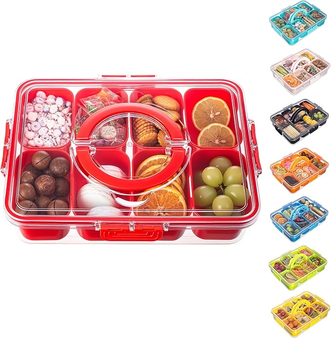 Dingerjar Divided Serving Tray with Lid and Handle - Snackle Box Charcuterie Container for Portable Snack Platters Organizer for Candy, Fruits, Nuts, Snacks - Perfect for Party, Entertaining, Red