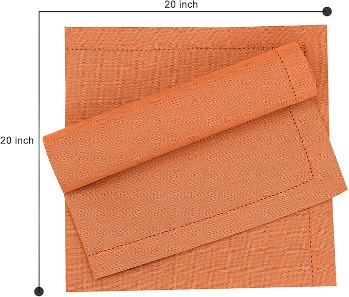 Ruvanti Premium Linen Napkins Set of 12-20x20 Inch, Classic Hemstitch, Mitered Corner Cloth Napkins - Soft, Elegant Dinner Napkins Cloth Washable for Weddings, Parties, Everyday Use - Fall/Orange