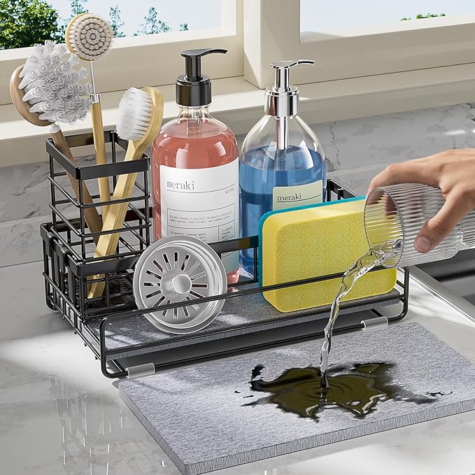 Large Family-Sized Sponge Holder for Kitchen Sink Organizer - Sink Caddy with Instant Drying Stone, Stainless Steel Sponge Holder for Sponges, Scrubbers, Soap, Home Countertop Organizer