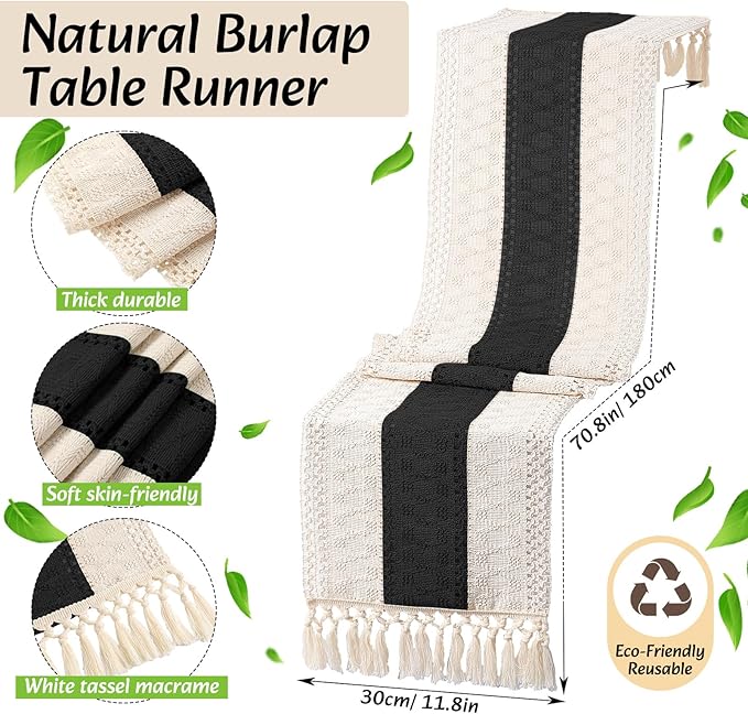 Boho Placemats 4/6/8 Set of Round Woven Placemat Macrame Style Bicolor Stitching Long Table Runner Farmhouse Rustic Natural Burlap Cotton for Kitchen Dining Table(6 Sets,Black A,12x72)