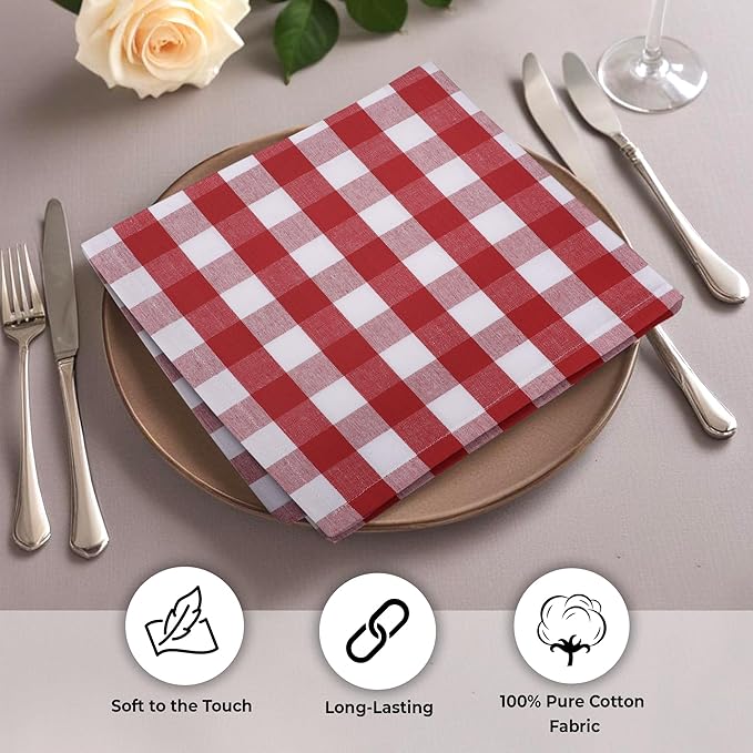 Urban Villa Cotton Dinner Napkins Set of 6, Highly Absorbent 20x20 Inches Premium Cloth Napkins Hotel Quality Reusable & Washable Table Dinner Napkins for Home & Weddings - Red/White, Checks