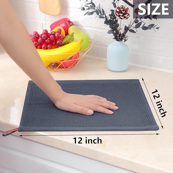 Homaxy 100% Cotton Waffle Weave Kitchen Dish Cloths, 4-Pack Ultra Soft Absorbent Dish Towels, Quick Drying Dish Rags, 12 x 12 Inches, Dark Grey