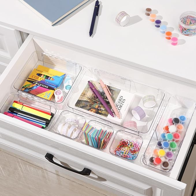 20 Pcs Clear Drawer Organizer, Adjustable Drawer Storage Box, 3-Size Desk Drawer Organizer, Acrylic Storage Bins for Makeup, Kitchen Utensils, Bedroom Dressers Tool Organizer for Gadgets