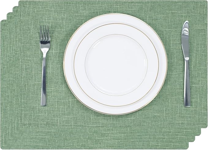 Kevin Textile Spring Easter Day Burlap Linen Placemats Set of 4 Heat Resistant Dining Table Place Mats Washable Kitchen Table Mats, 13 x19 inches, Sage Green