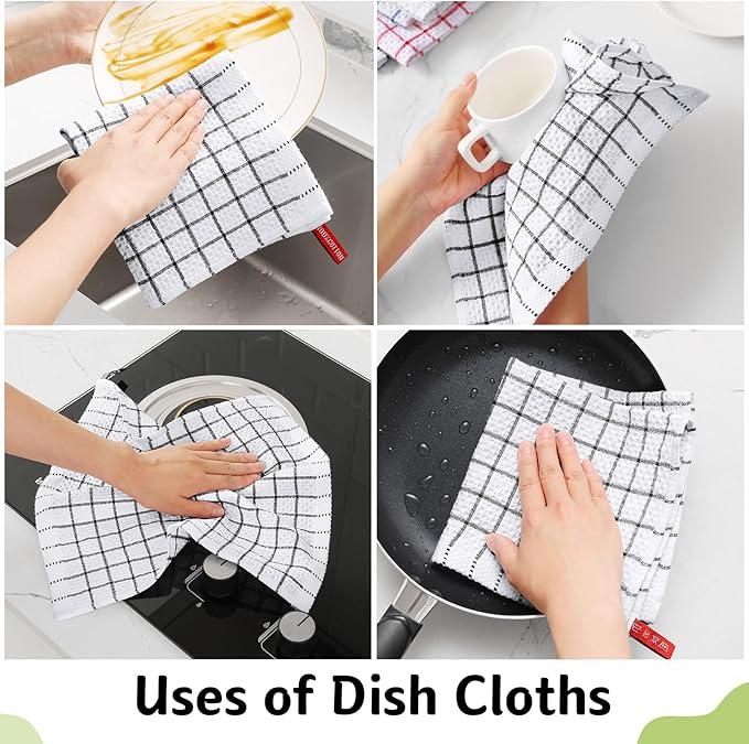 Homaxy 100% Cotton Dish Cloths, 12 Pack-12 X 12 Inches, Check Design Waffle Weave Dish Rags for Washing Dishes, Ultra Absorbent and Fast Drying Dishcloths, Black