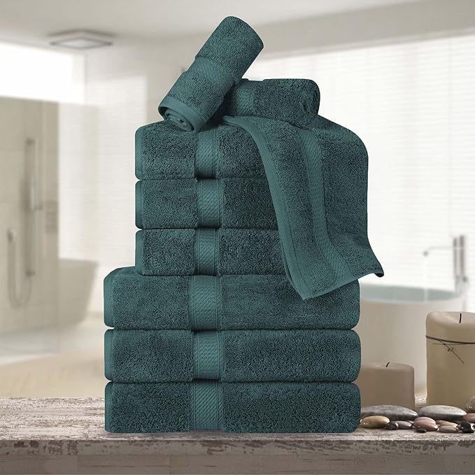 Superior Egyptian Cotton Pile 9 Piece Towel Set, Includes 3 Bath, 3 Hand, 3 Face Towels/Washcloths, Ultra Soft Luxury Towels, Thick Plush Essentials, Guest Bath, Spa, Hotel Bathroom, Teal