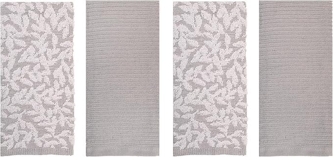 MosJos Kitchen Towels, Cotton Hand Towels, Grey and White Vine Ribbed Hand Drying Cloth Set of 4 Absorbent Hand Towels, 18 x 28 Kitchen Linens