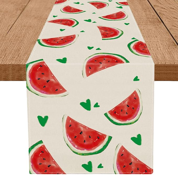 Summer Table Runner Watermelon Green Heart Burlap Table Decoration Holiday Home Party Kitchen Dining Table Supplies 13x108 Inch
