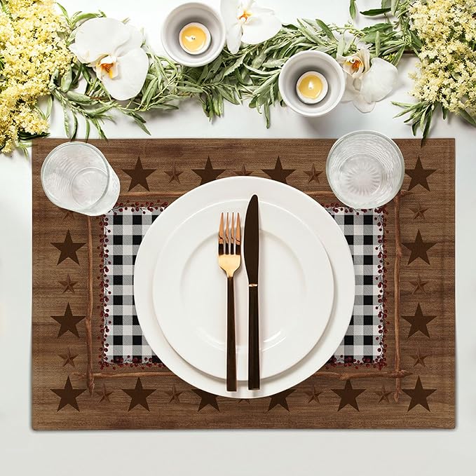 Western Texas Star Placemats for Dining Table Set of 4，Buffalo Plaid Country Wooden Plank Table Mats 18 x12 Inch Non-Slip Dining Table Place Mats for Party Kitchen Indoor Decor