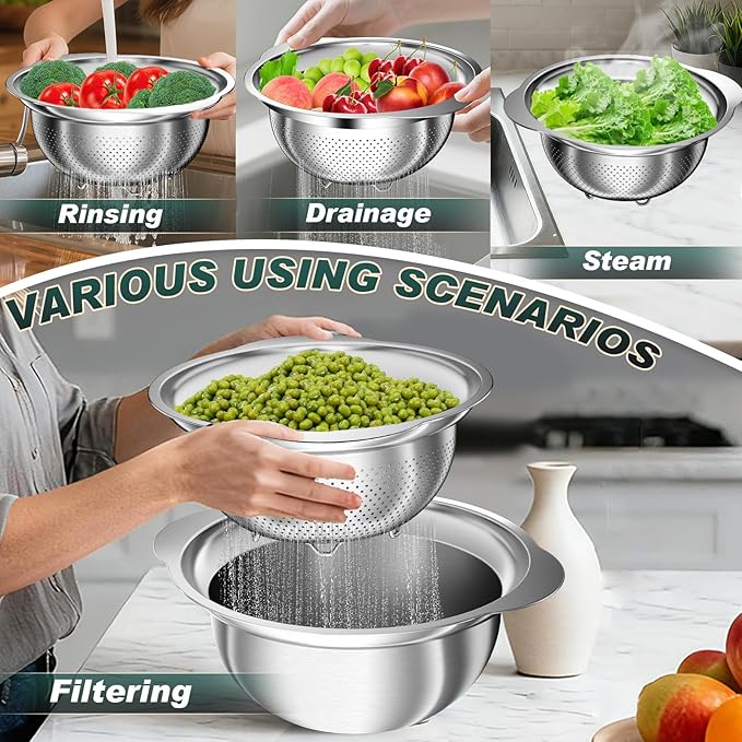 Stainless Steel Colanders with Mixing Bowl - 2.0QT & 2.0QT Strainer and Colander with Handle, 3.0QT Nesting Kitchen Bowl with Colander For Pasta, Vegetables, Fruit, Rice, 3PCS