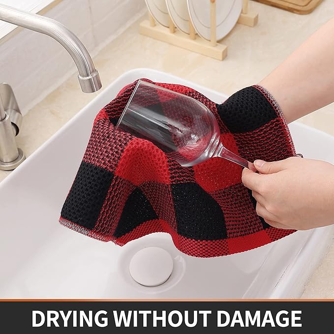 Homaxy 100% Cotton Waffle Weave Check Plaid Dish Cloths, 12 x 12 Inches, Super Soft and Absorbent Dish Towels Quick Drying Dish Rags, 6-Pack, Black & Red