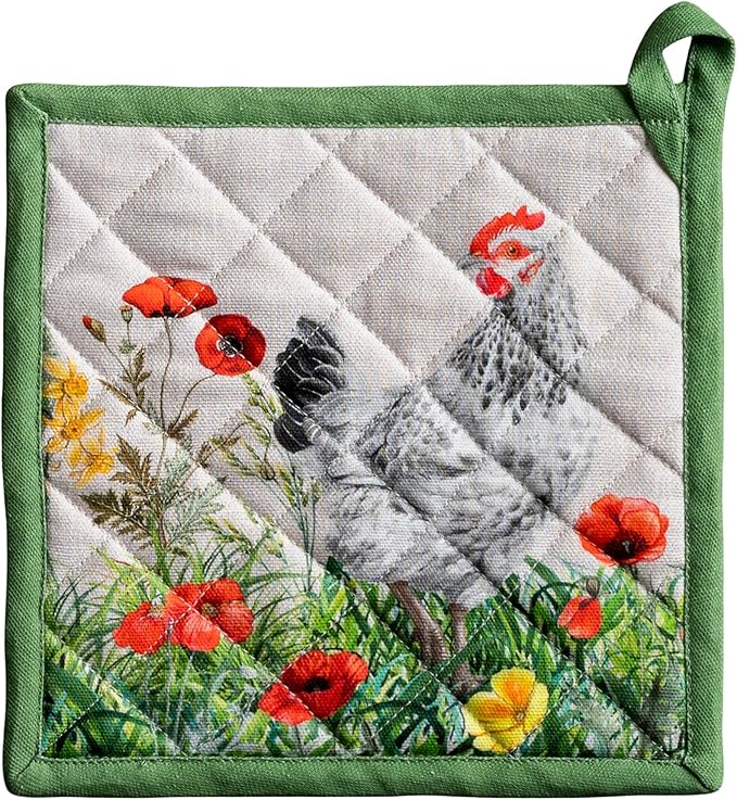 Maison d' Hermine Pot Holders 100% Cotton Heat Resistant Potholders 8" x 8" Hot Pads with Loop BBQ Cooking Baking Gifts for Mothers Day Handling Hot Pans Spring/Summer (Pack of 1, Basse Cour)